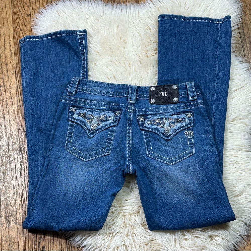 Miss Me Women's Blue Boot Cut Jeans with Embellished Pockets